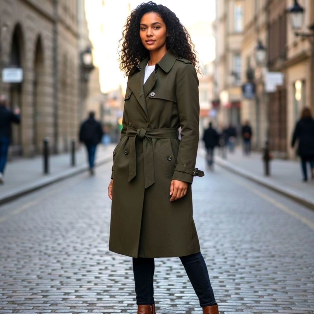 New York & Company Olive Green Double-Breasted Trench Coat